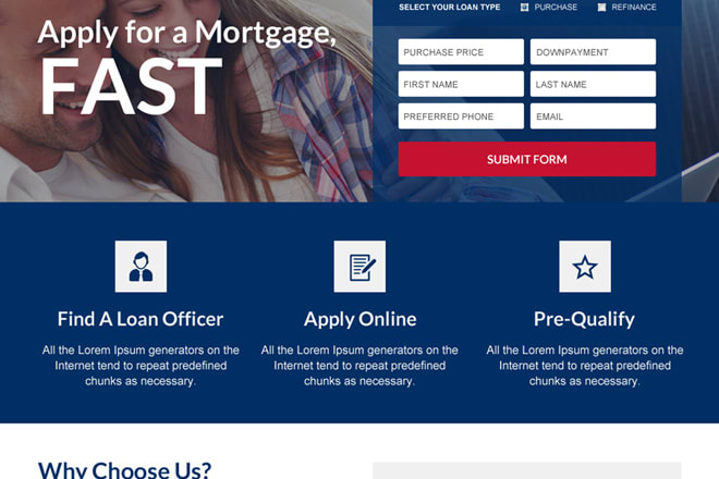 I will build mortgage insurance, loan mortgage website, landing page for exclusive lead