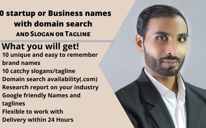 I will search 10 brand names with domain search and slogan or tagline