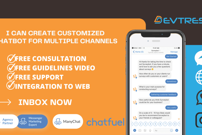 I will create facebook messenger chatbot in manychat, chatfuel