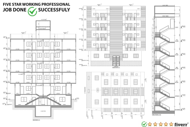 I will draw plan, section, elevation, site plan, master plan