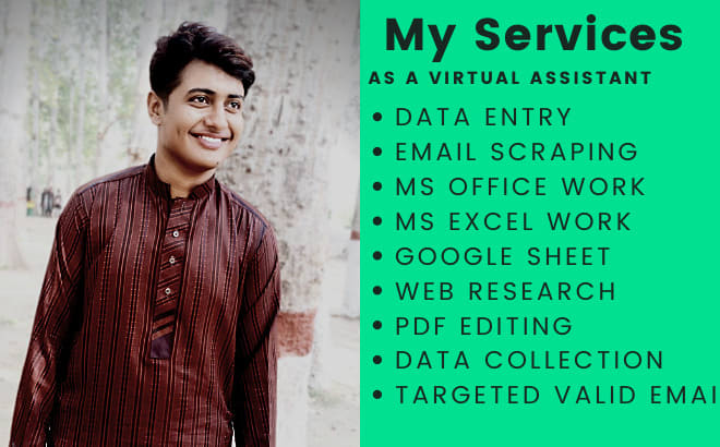 I will be your virtual assistant and your data entry worker