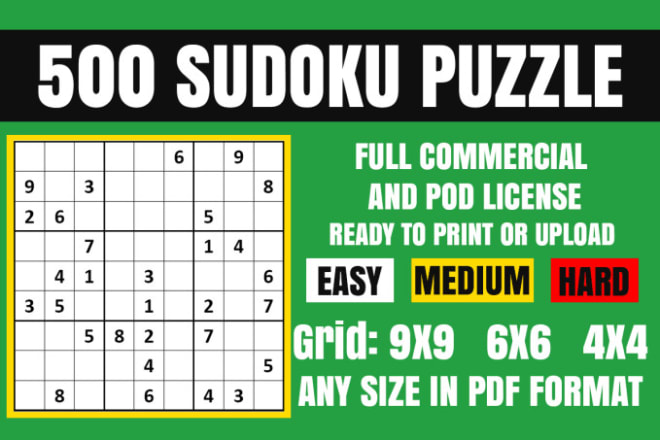 I will create 500 sudoku puzzle easy to hard with solution any size