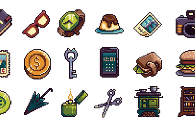 I will create pixel art icons or objects and props for your game