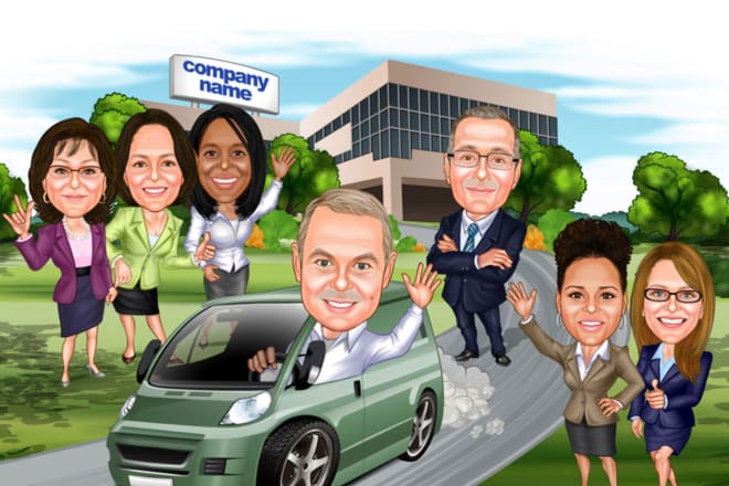 I will draw an amazing corporate group, team, cartoon caricature