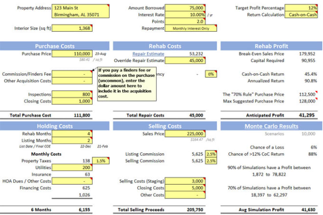 I will provide a house flipping calculator