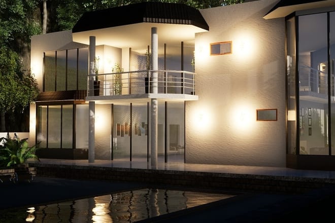 I will create modern architecture exterior design in sketchup 3ds max and render it