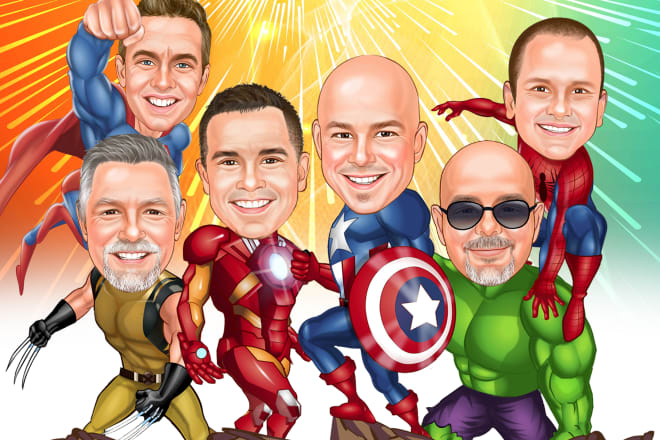 I will draw digital superhero cartoon caricature for family,group