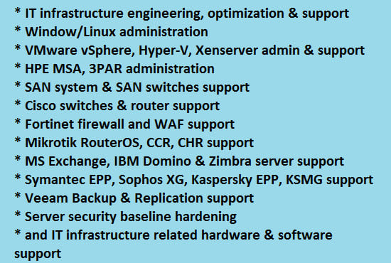 I will provide san storage, vmware, linux, windows and network support