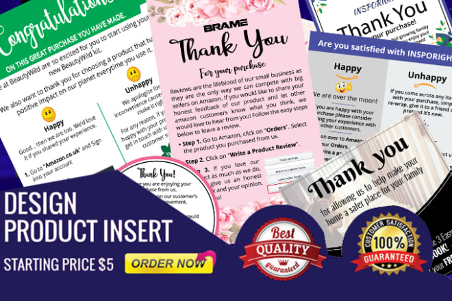 I will design amazon thank you card, product insert, package insert