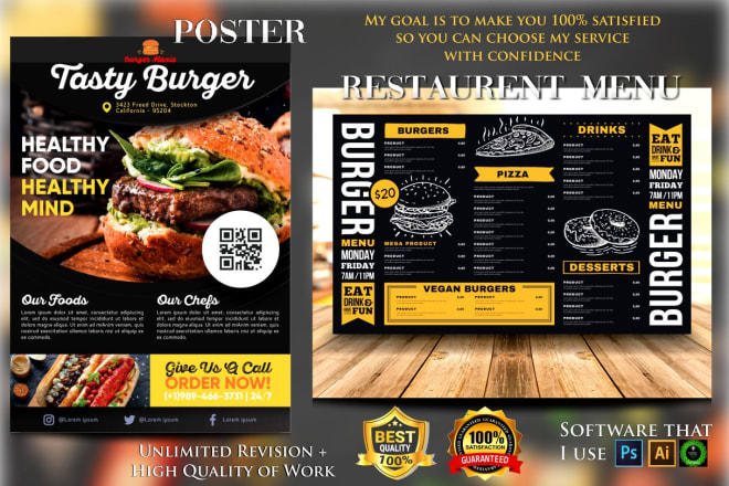 I will design any size awesome restaurant,cool bar, cafe menu 12hrs