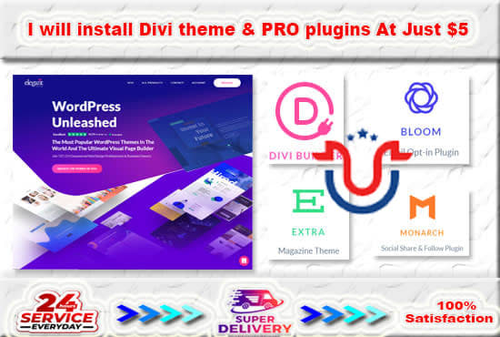 I will install premium divi theme, divi builder, bloom, monarch, divi extra