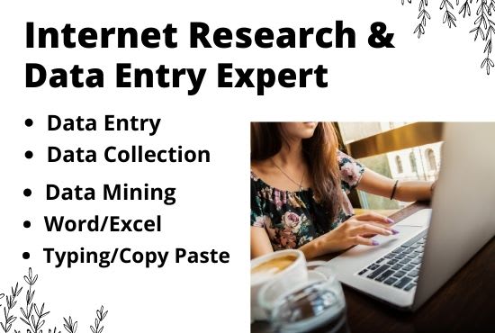 I will be your internet research and expert data entry operator