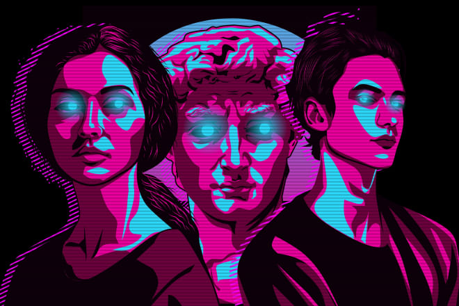 I will create 80s sinthwave vaporwave retro vintage portrait illustration from photo