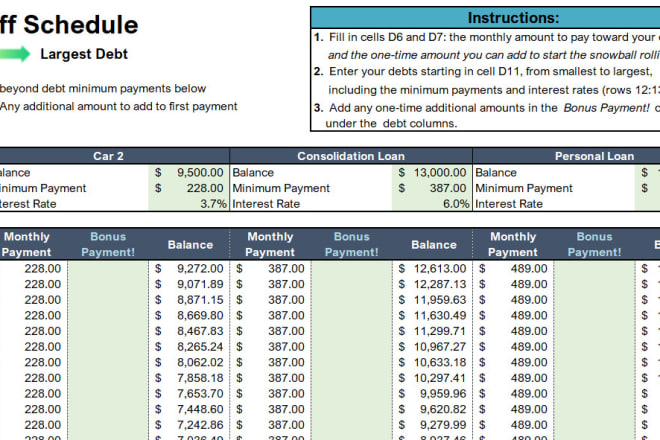 I will do debt snowball bill expense payoff and interactive dynamic chart