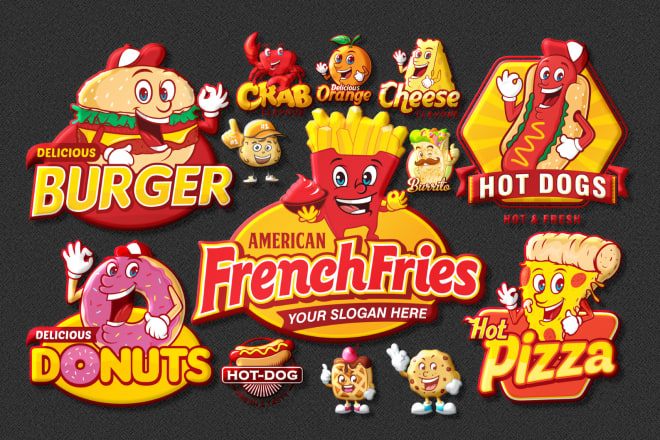 I will do pizza burger donut fast food grill cake logo or label
