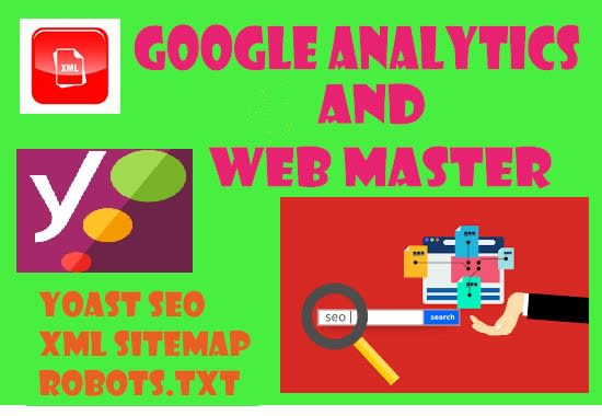 I will manually create yoast SEO XML sitemap robotstxt google analytics search console